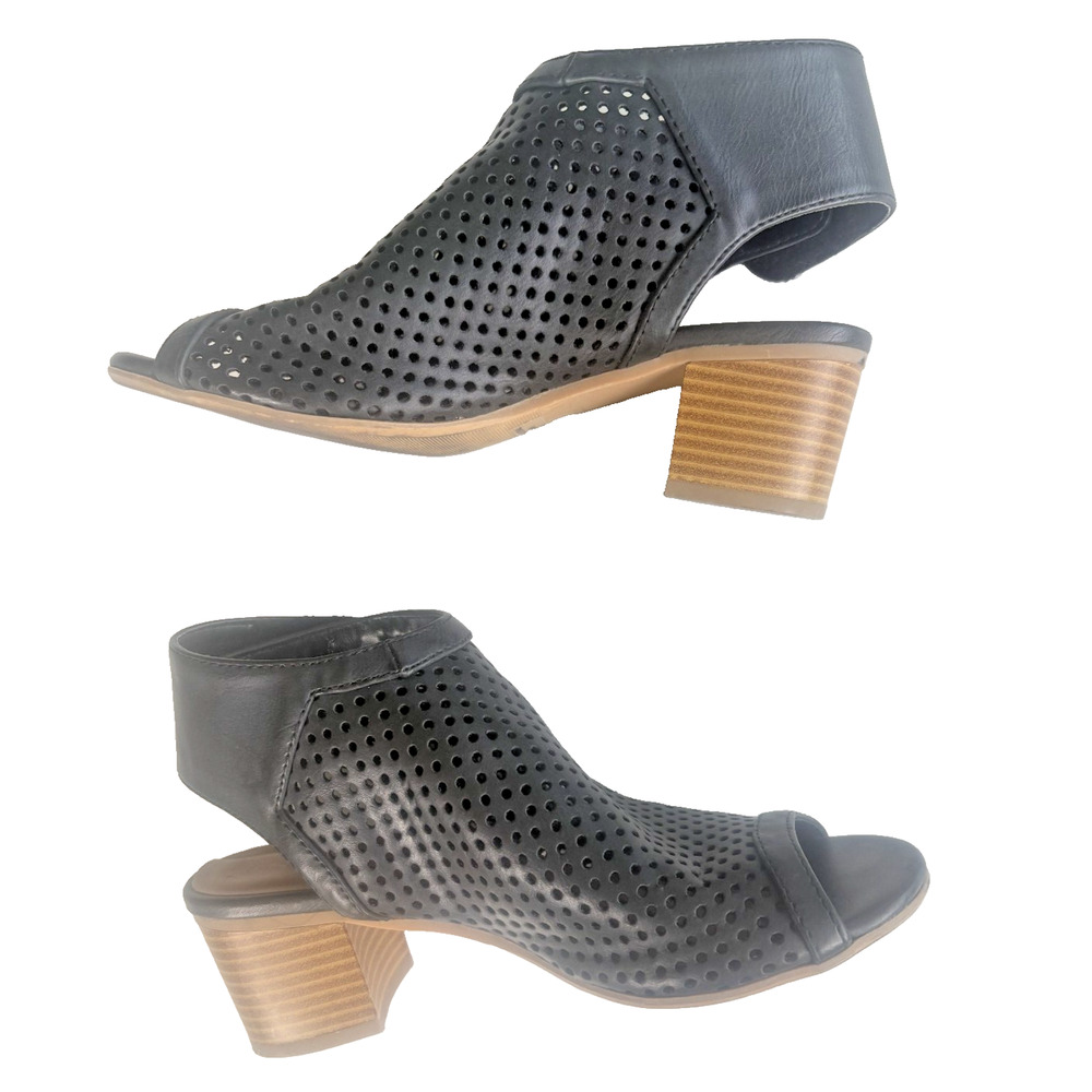 Solanz Sandals Womens 6M Roar Black Perforated Peep Toe Slingback Mid Block Heel